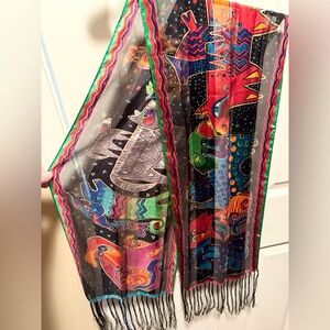 VTG Laurel Burch Canine Dogs Doggies Long Multicolor Silk Scarf Black Fringe